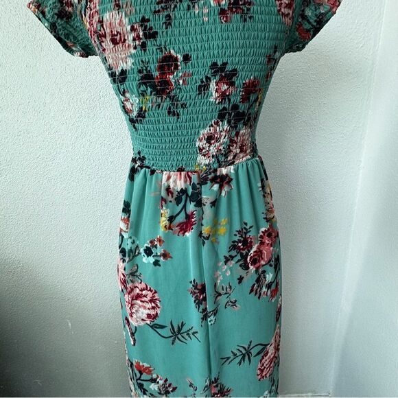 Derek Heart Floral High Low Dress Green Elastic Smocked Top SZ M - Picture 11 of 16